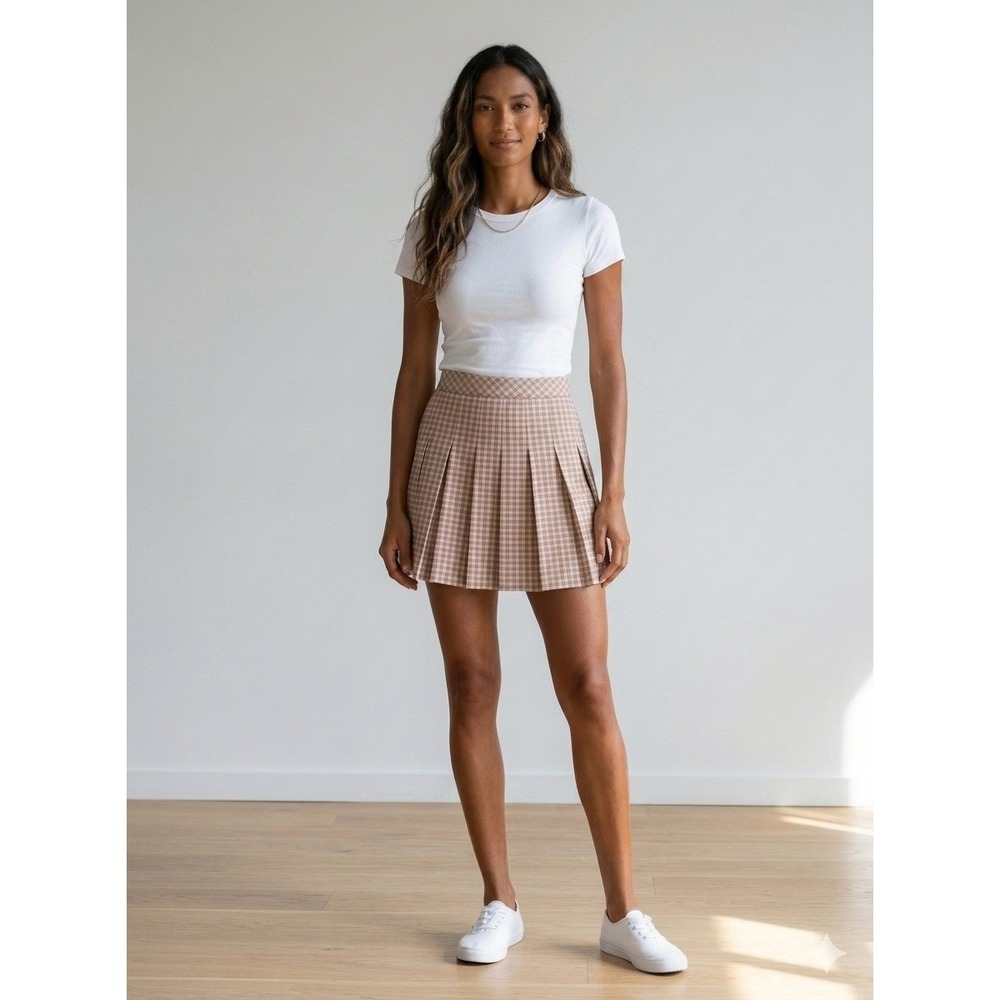 Aritzia Sunday Best Olive Pleated Skirt Plaid High Waisted Mini Pink Tan Size 0